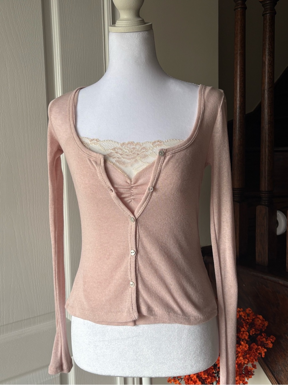 ZARA Pale Blush Lace-Trim Long Sleeve Top/Cardigan